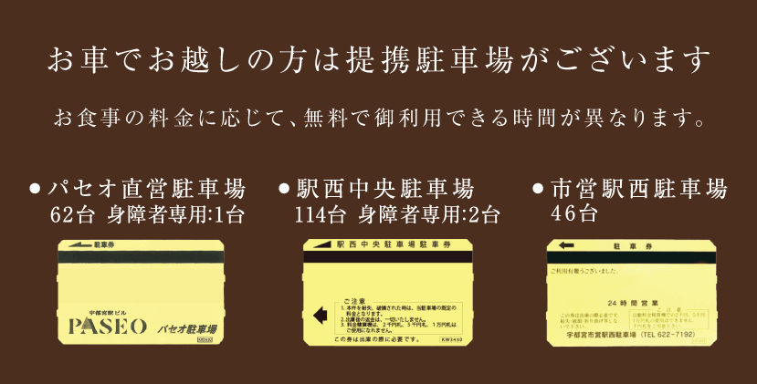 【お車でお越しの方は提携駐車場がございます】お食事の料金に応じて、無料で御利用できる時間が異なります。　●パセオ直営駐車場：62台 身障者専用:1台 　●駅西中央駐車場：114台 身障者専用:2台　●市営駅西駐車場：46台